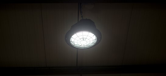 Interior view of the LED hall spotlights at night in the RP warehouse